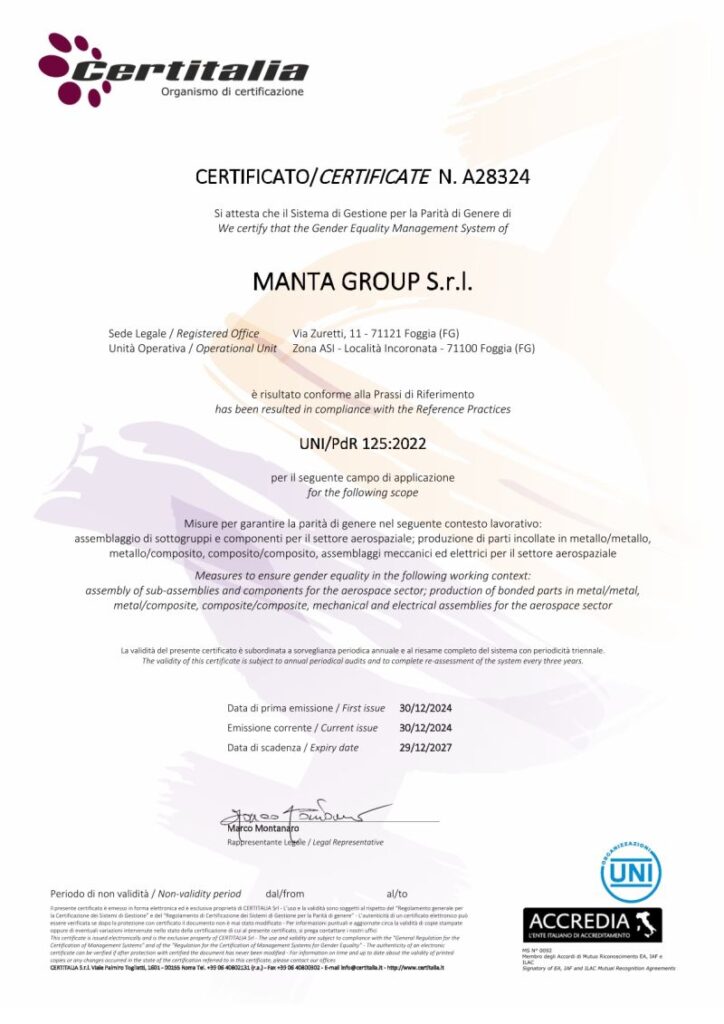 Certificazione Uni/Pdr - Manta Group