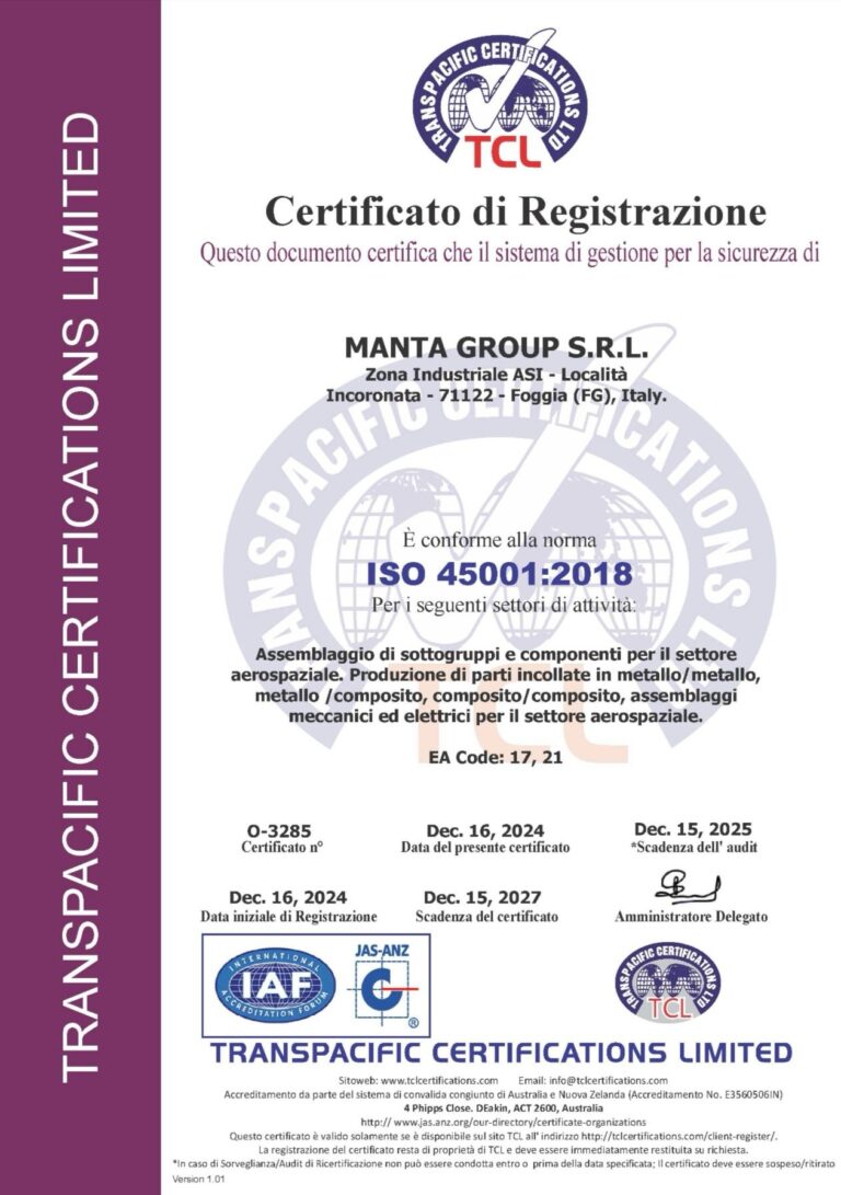 Certificazione ISO 45001 Manta Group